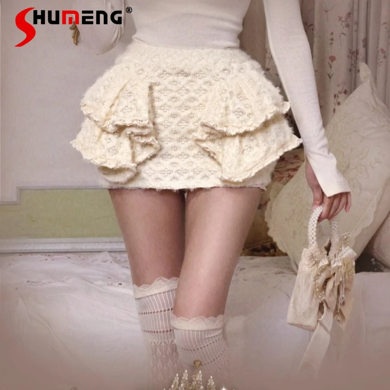 Winter New Knitted Lace Ruched Short Skirt Japanese Rojita Sweet Cute Base Furry Skirts Pants Women's Clothing Y2k Warm Culottes