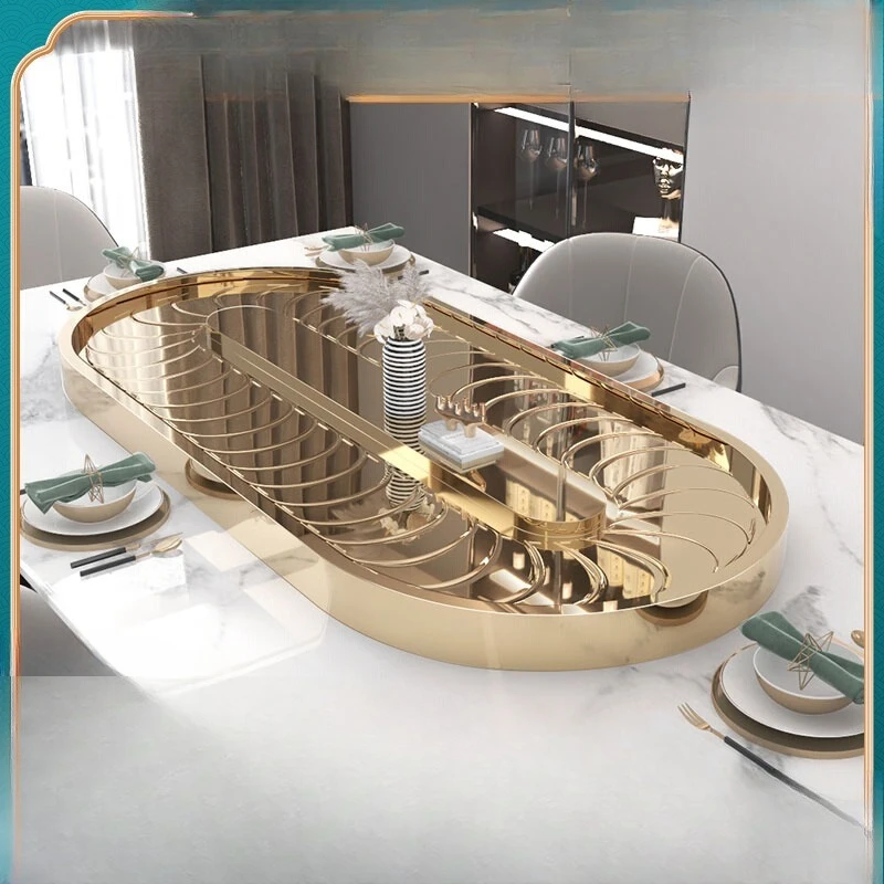 Rectangular dining table Electric vegetable turntable Household long table Oval stainless steel conveyor belt Rotary table