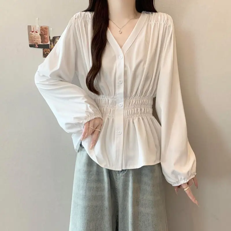Übergröße 200 Pfund Bürodamen-Hemd & Bluse Herbst Elegantes Basic-Oberteil V-Ausschnitt Elastische Taille Damenkleidung Französisch-Schick Koreanisch – Detail 5