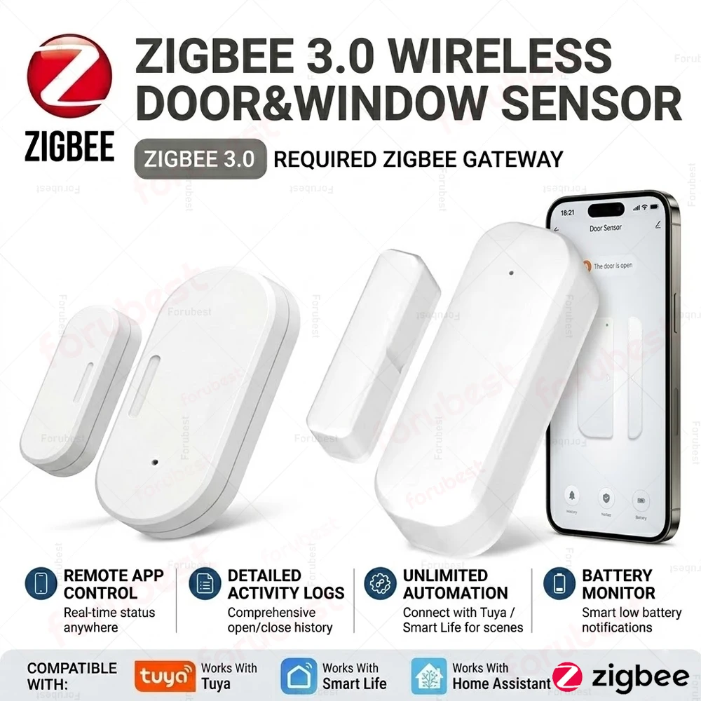 

Датчик открытия/закрытия двери/окна Zigbee, система сигнализации для умного дома, работает с TUYA, Zigbee2MQTT, Home Assistant