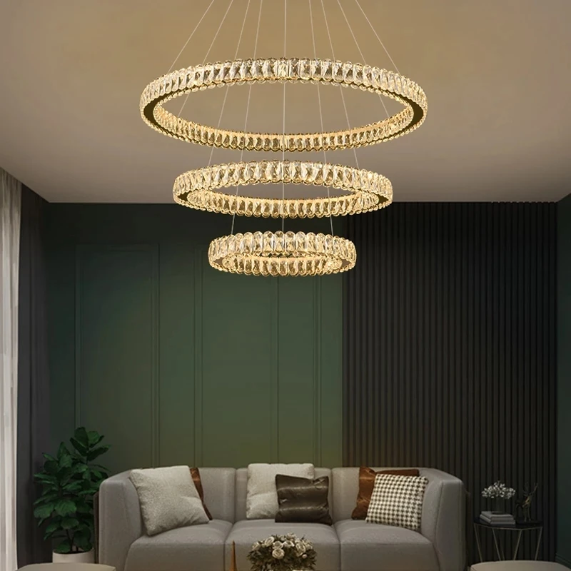 Modern LED Hanging Crystal Staircase Chandelier Luxury Gold Ring Cristal Lighting Fixtures Round Home Decor Indoor Creative Lamp