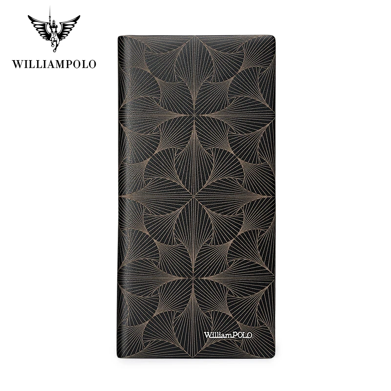 WILLIAMPOLO New Men\'s Wallet Long Slim Card Holder Name Print Male Purses Luxury Leather Coin Pocket High Quality Men Wallets