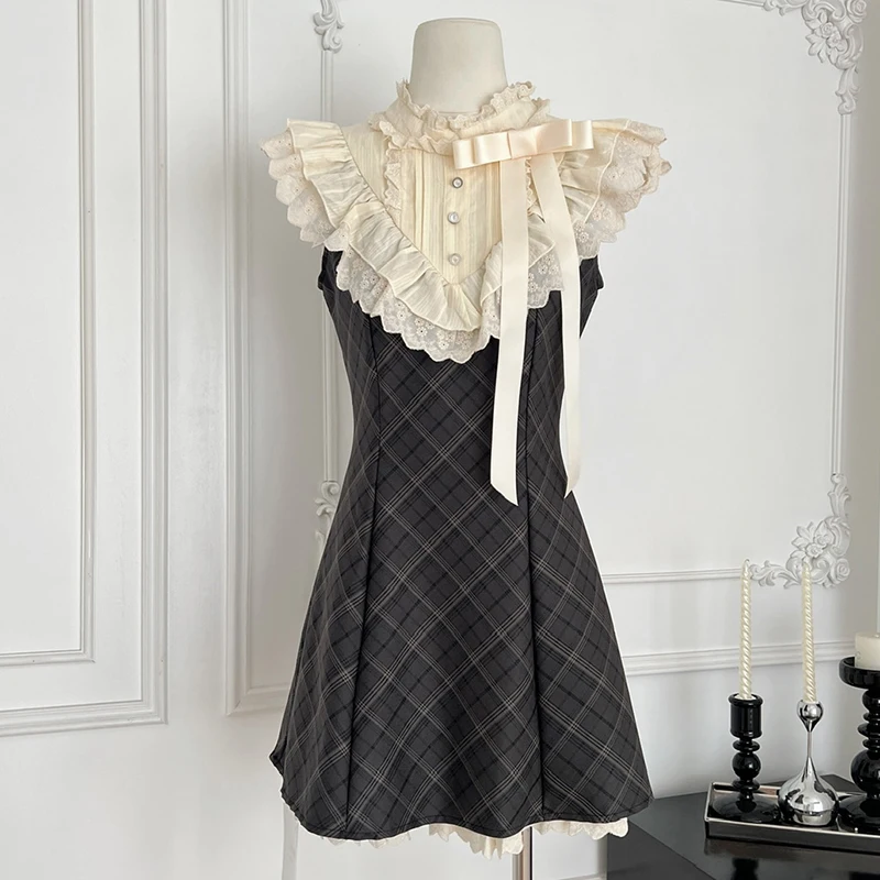 

Plaid Retro Maiden Fish Dress Splice Sleeveless Lace Luxury Mini Dress Female 2025 New