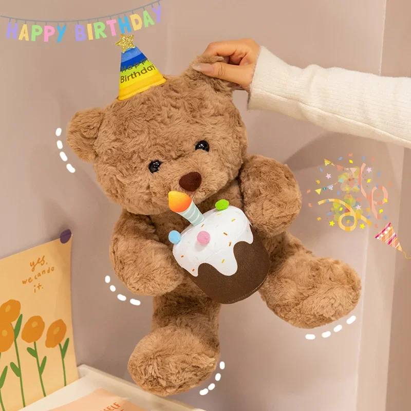 

Lovely Cartoon Sitting Bear Plush Toys Soft Comfy Fluffy Bear Doll Holding Cake Kawaii Party Decor Cute Birthday Gift To Kids