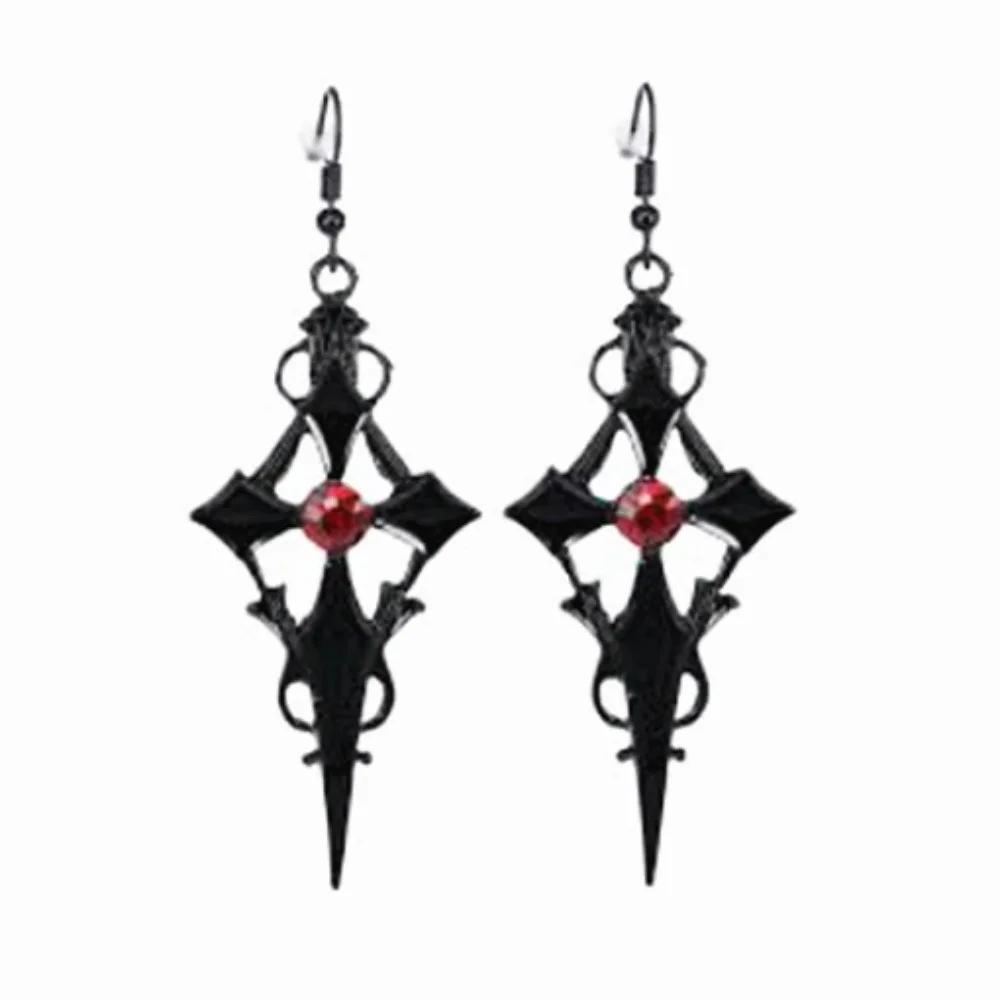 Gothic Punk Black Hollowed-out Cross Pattern Red Rhinestone Dangle Earrings for Women Hallowmas Party Personality Jewelry Gifts