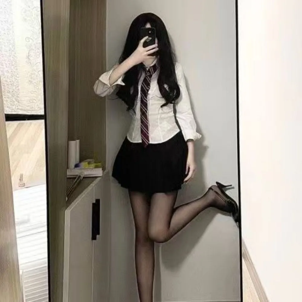 European and American Style Japanese Girl Sexy Collect Waist Spring Grey Shirt JK High School Uniform Class Students Blouse Top