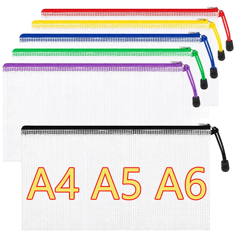 5pcs Mesh Zipper Pouch Bags A4/A5/A6 Pencil Pouch for Organizing Storage Waterproof Pouches File Bags for School Office Supplie