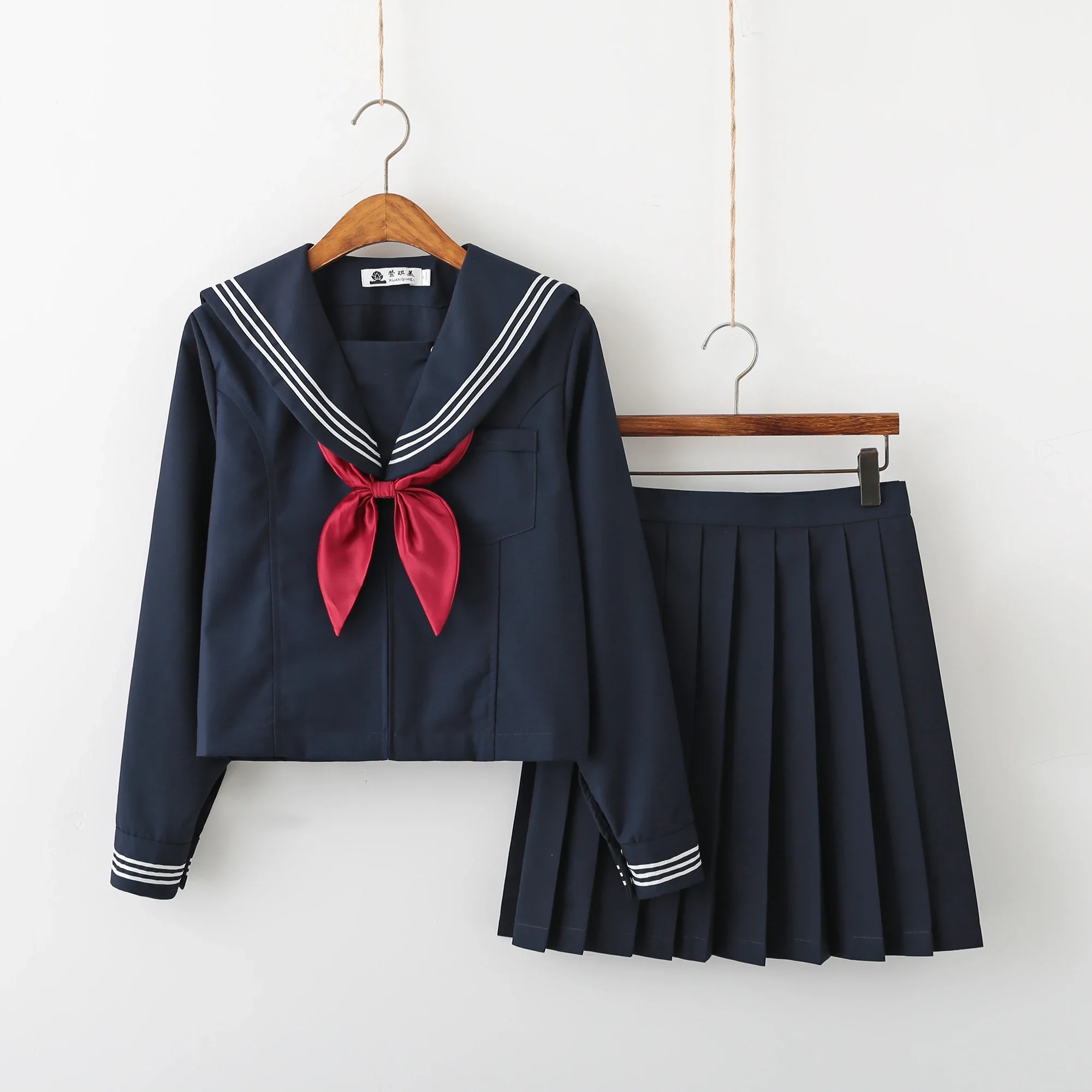 トレンディなティーンガールズネイビーブルー学生服日本のセーラーjkセットソフトプリーツスカートショート長袖トップス