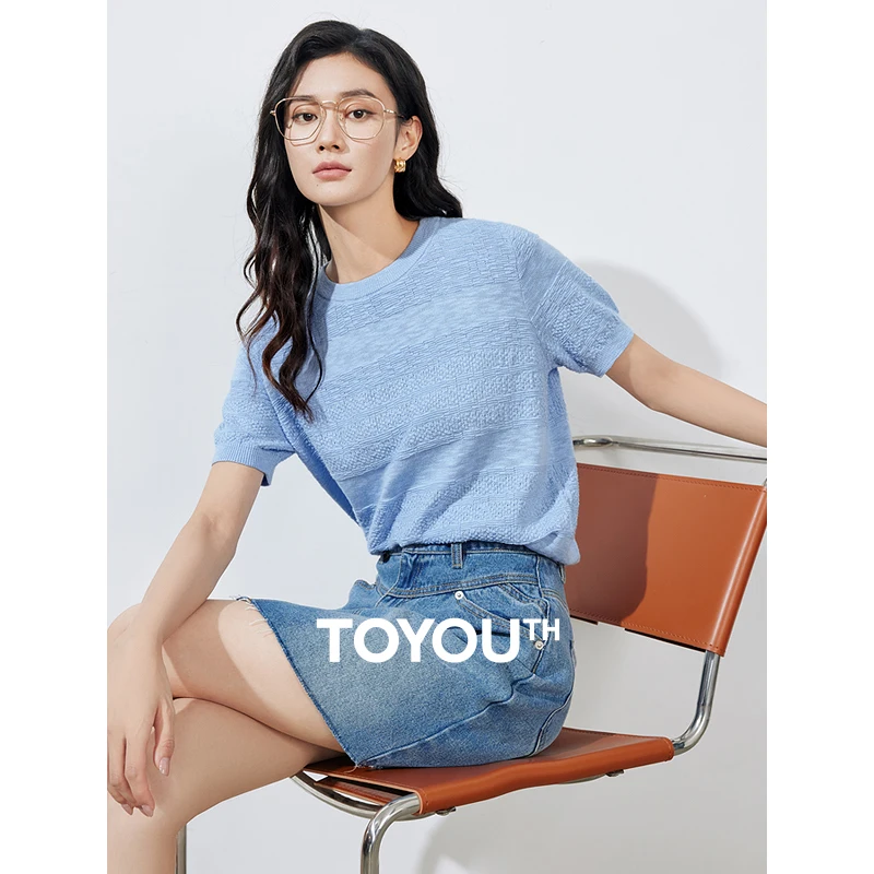 

TOYOUTH Women knitwear 2024 Summer New Linen Short Sleeve Round Neck Sky Blue Pullover Tops