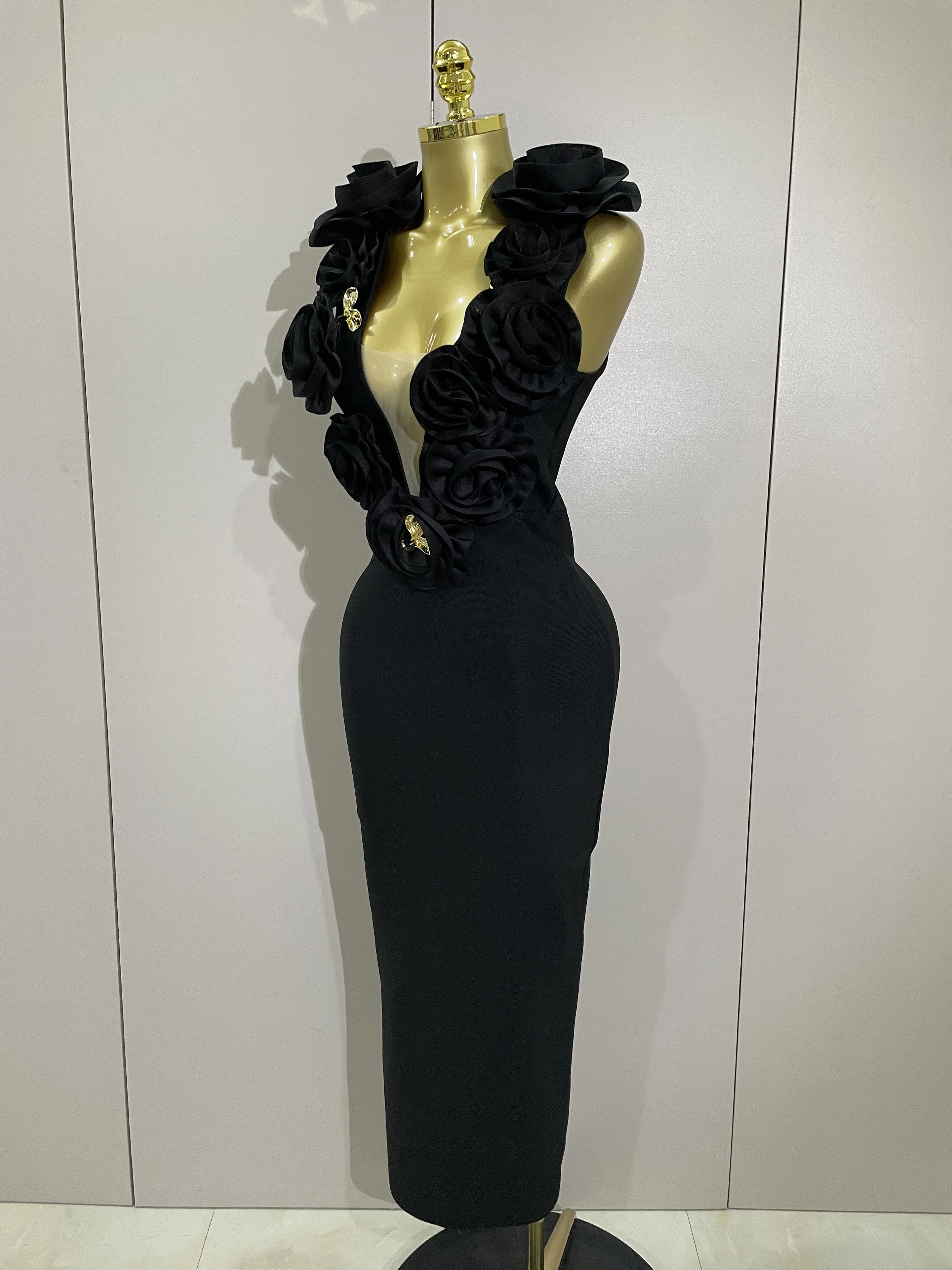 2025 Sexy mode noir 3D fleur sans manches moulante longue robe de pansement femmes célébrité élégante fête d'anniversaire robe robes