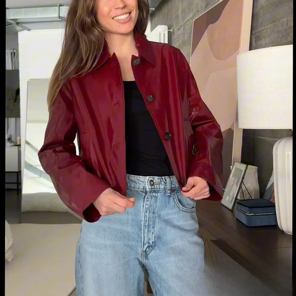 

KONDALA-Женская модная красная кожаная куртка, куртка на пуговицах с лацканами, новинка 2025, весенне-осенняя модная уличная повседневная куртка, пальто