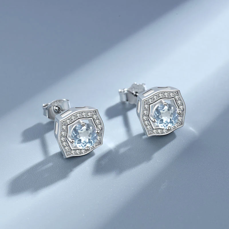 CSJ Elegant Natural Aquamarine Earrings 925 Sterling Silver Gemstone Round 5mm Jewelry for Women Wedding Party Birthday Gift