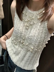 White Pearl Sleeveless Knitted Vest Pullover Women O-neck Solid Hollow Out Rib Vests Female 2024 Spring Summer Elegant Lady Top