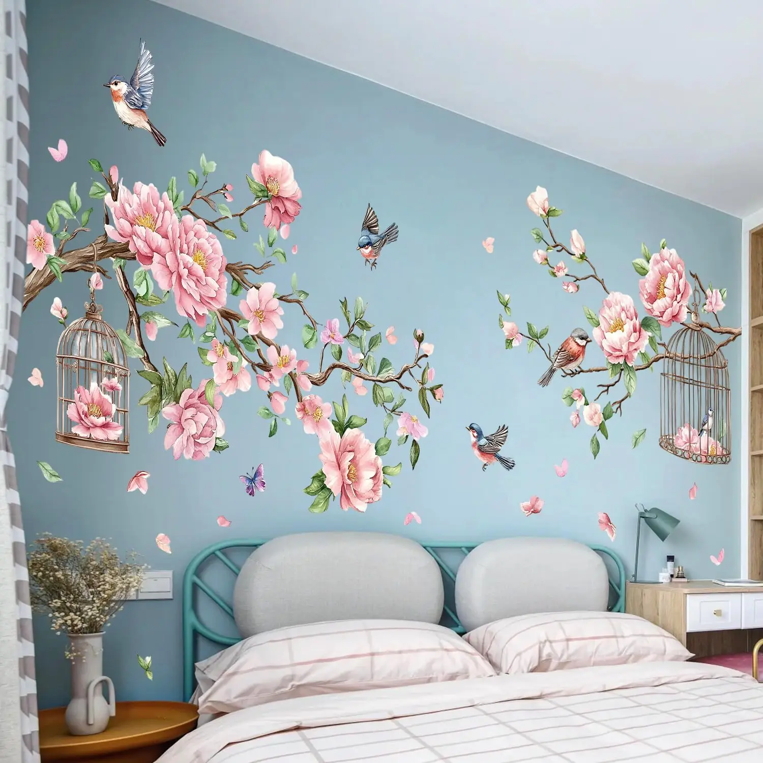 Large Pink Cherry Blossom Tree Bird Wall Stickers Tree Branches Floral Birdcage Wall Decals Bedroom Playroom Home Decor