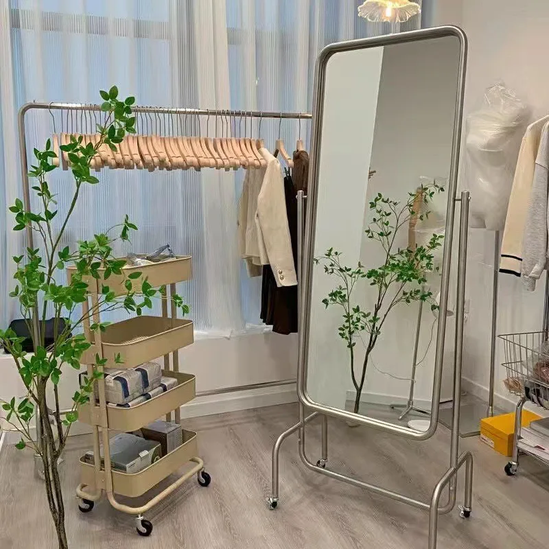 

Stainless steel full body clothing store fitting mirror movable full body dressing mirror