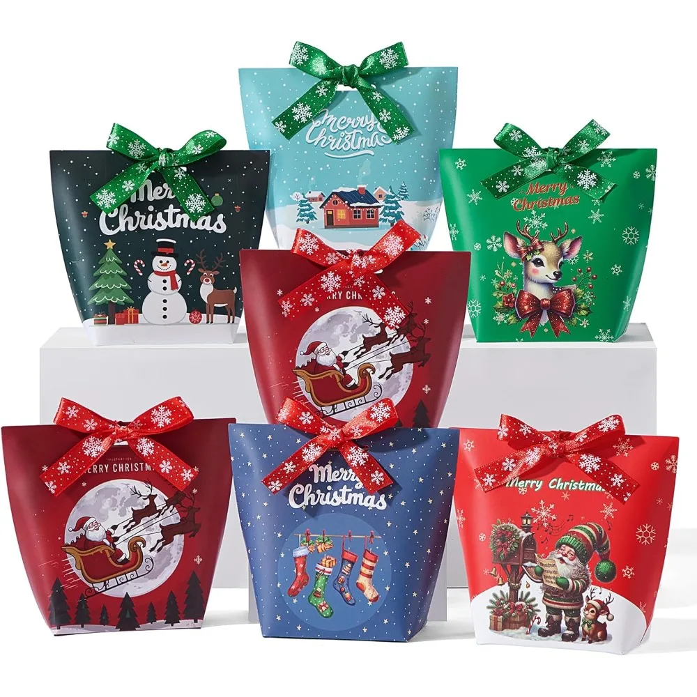 

24PCS Christmas Treat Boxes with Ribbons,6 Patterns Gift Bags for Coworkers Decorations Boxes Party Favors Bags
