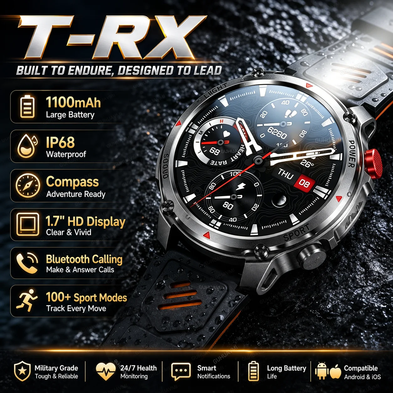 New Men Outdoor Built in 1100mAh Battery Smart Watch Compass LED Flashlight IP68 Waterproof AI BT Call Sports Fitness Smartwatch