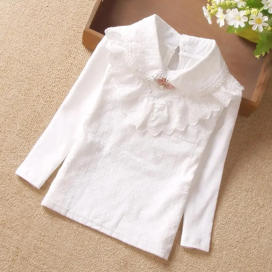 School Girls White Blouse Long Sleeve Lace Shirts Kids Cotton Shirt Baby Toddler Teen Girl Tops Children Clothes 6 8 10 12 Years