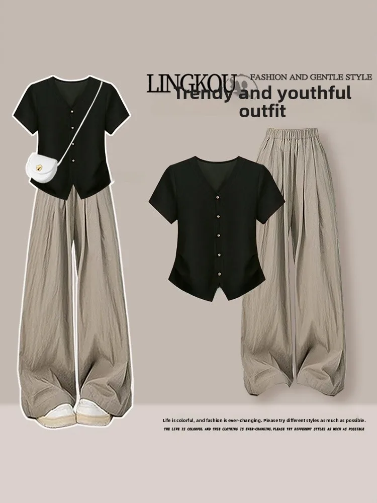 

Антивозрастной вязаный комплект большого размера с v-образным вырезом, повседневная утягивающая футболка и брюки с высокой талией, комплект из двух предметов для молодых женщин