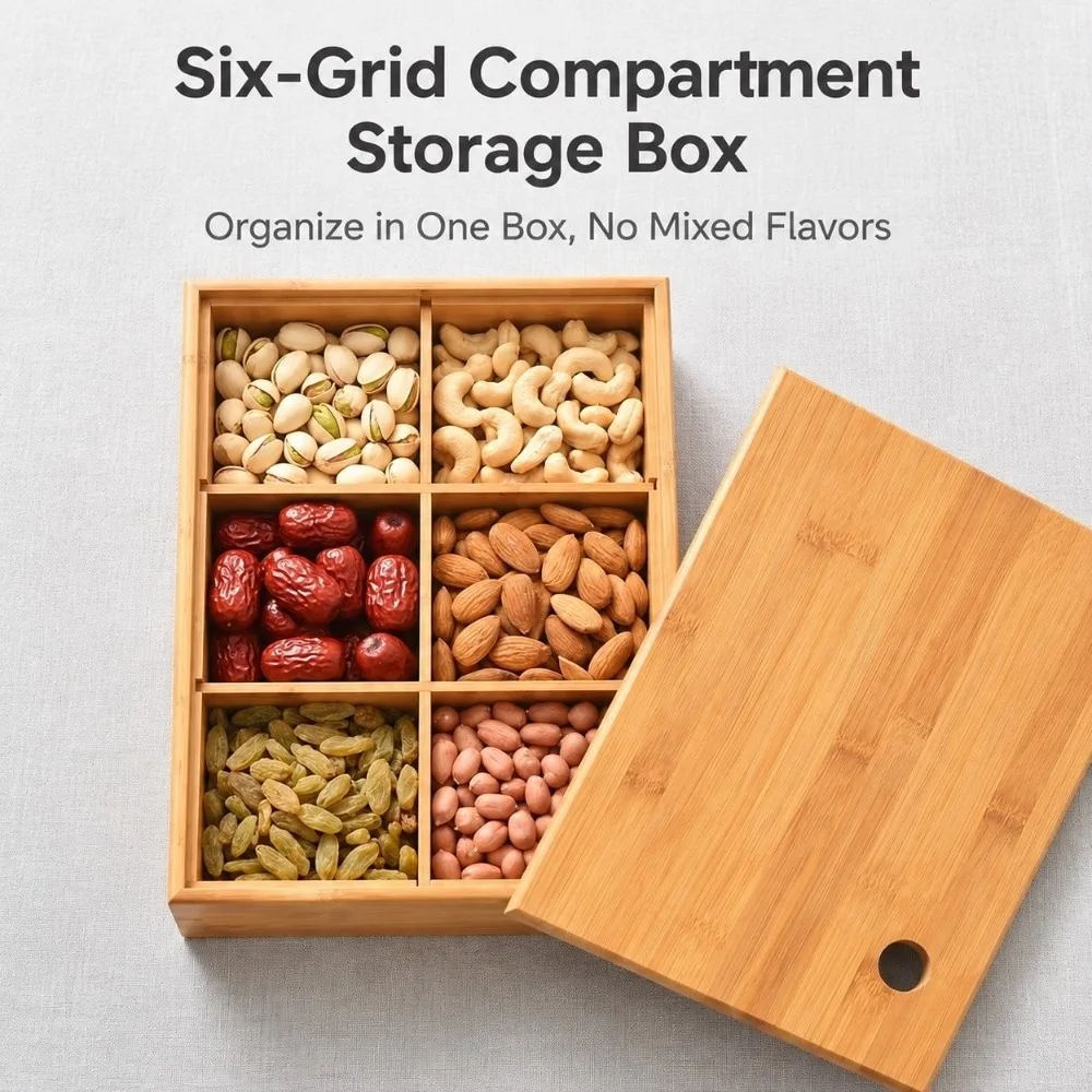 Bamboo Snack Storage Box 6 Grid Lidded Square Shape Divided Nut Tray Smooth Surface Compartment Candy Plate Daily Snack Store