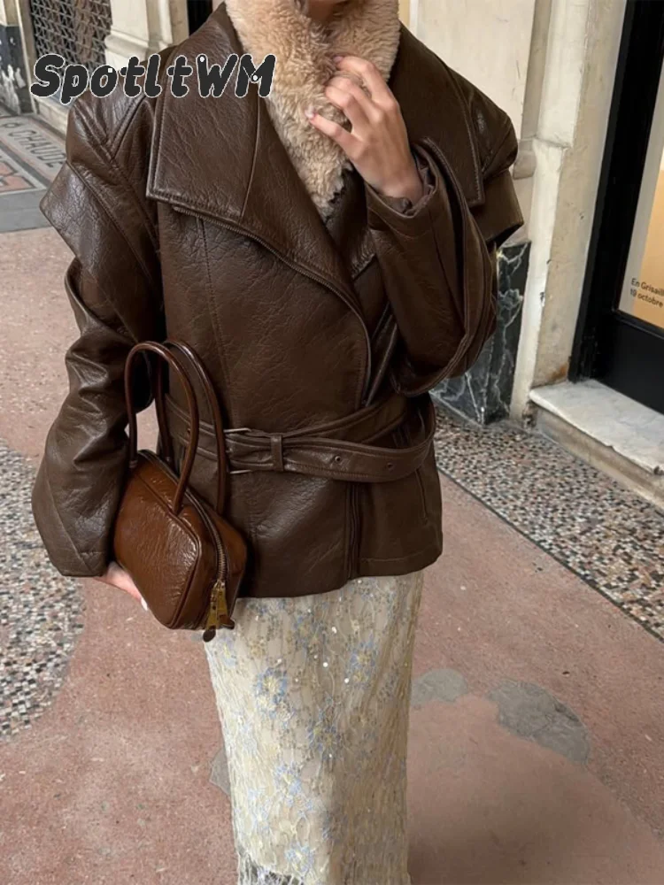 Faux Leather High Collar Diagonal Zipper Jacket Women Removable Vest Sash Belt Waist Cinch Jackets 2026 Moto Street Short Coat