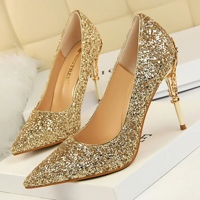 Women 9.5cm High Heels Pumps Lady Stiletto Wedding Bridal Gold Silver Heels Nightclub Office Party Sparkly Sequins Bling Shoes