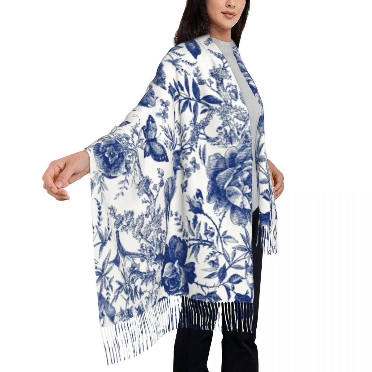 Individuell bedruckter Vintage-Schal mit Blumenmuster und Tierwald für Herren und Damen, warme Schals, französische Toile De Jouy, Schals mit Indigo-Muster