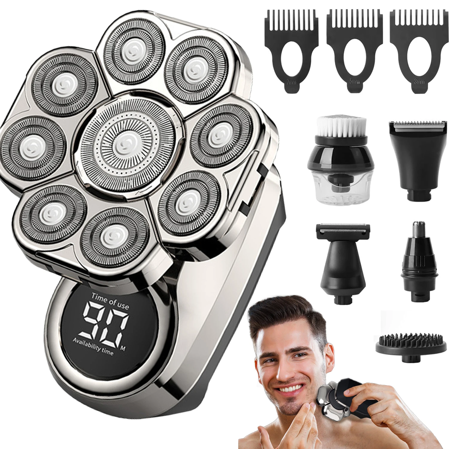 9D Bald Razor Men's Electric Skull Razor Bald Shaver IPX7 Waterproof LCD Display 6-in-1 Nasal Hair Trimmer Men Electric Shaver