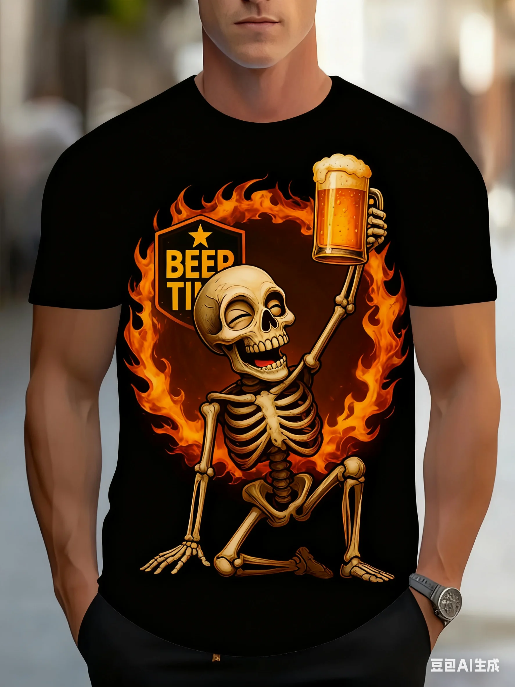 

Funny Skull Printed Men's T-Shirts 3D Beer Pattern Short Sleeve Tops Summer Streetwear Casual O-neck Loose Tees Hip Hop Clothing