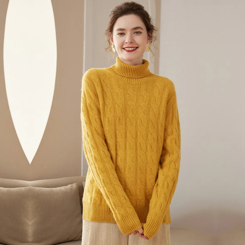 2023 Autumn/Winter New Turtleneck 100% Cashmere Sweater women's Retro Twist Sweater Thickened Wool knit Base Shirt