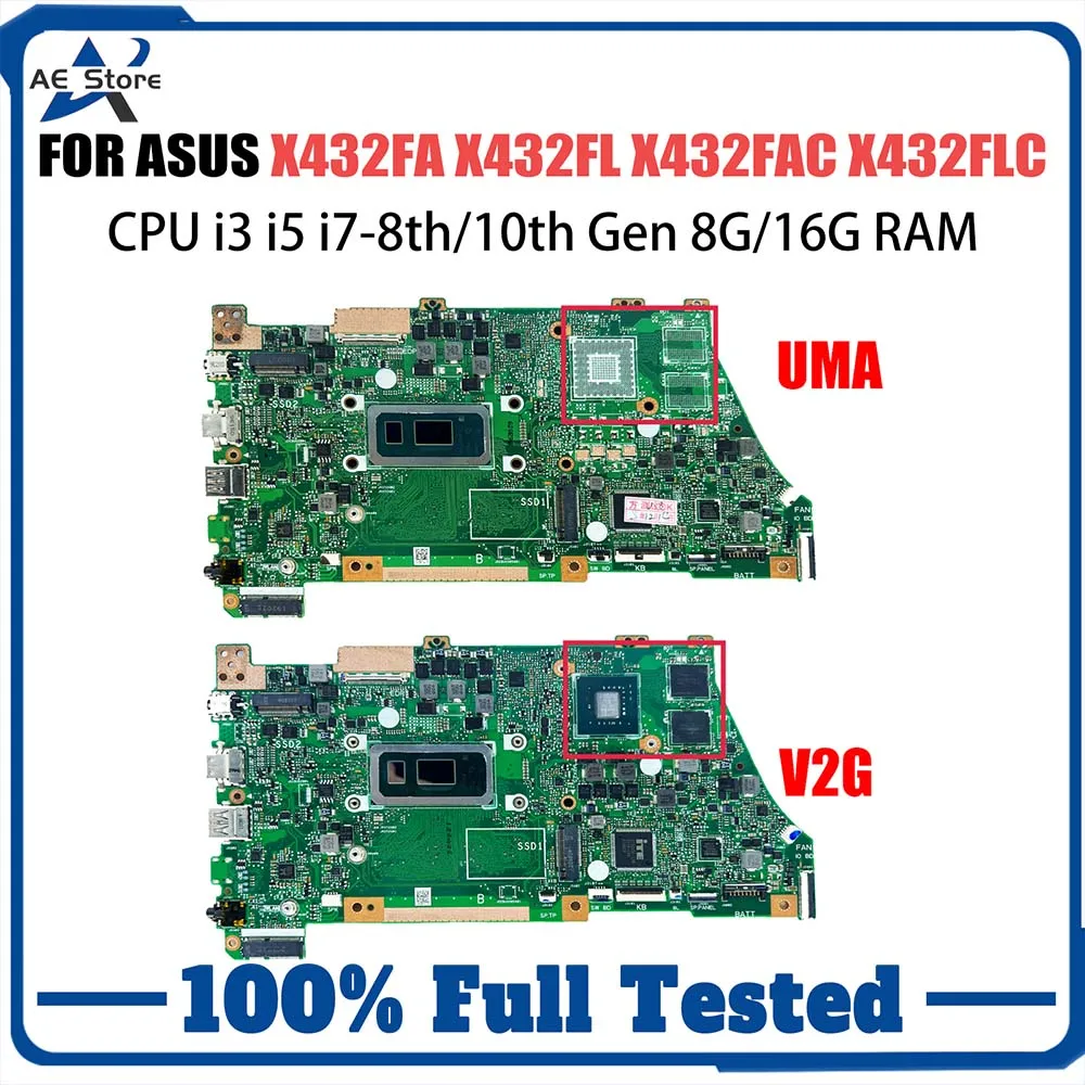 Computer Mainboard For ASUS VivoBook X432FL X432FA X432FAC X432FLC Laptop Motherboard i3 i5 i7 8th 10th CPU 8GB 16GB RAM V2G UMA