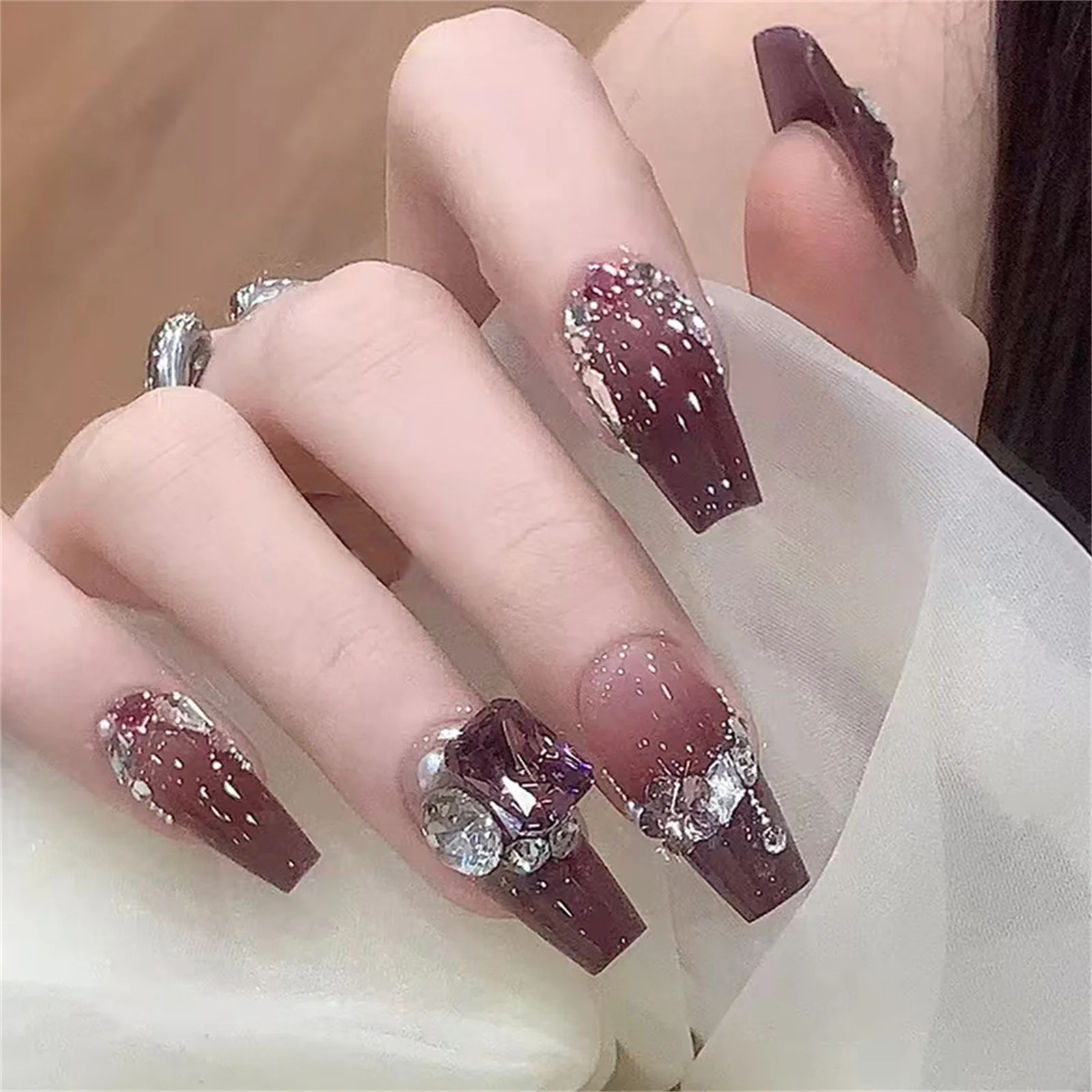 

Dark Purple Ballerina Fake Nails 24Pcs Medium-length Square Press On Nails Shiny Diamond Decor Women Girls Charm Manicure