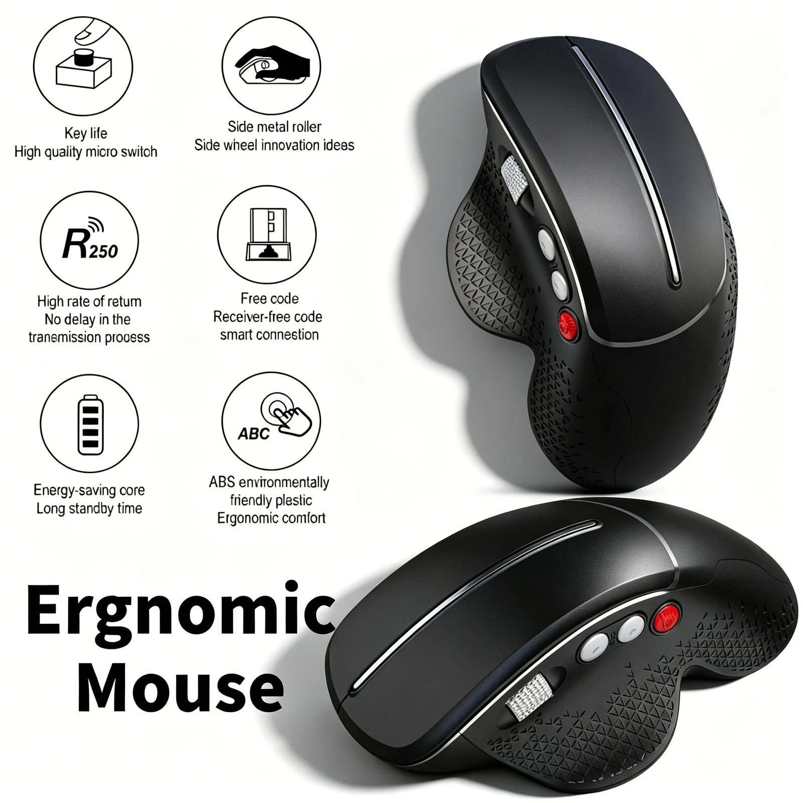 

Ergonomic Wireless 2.4G Mouse with Side Scroll & Forward Back Keys, Anti-slip Shell Wireless Mice for Business Office Gameing