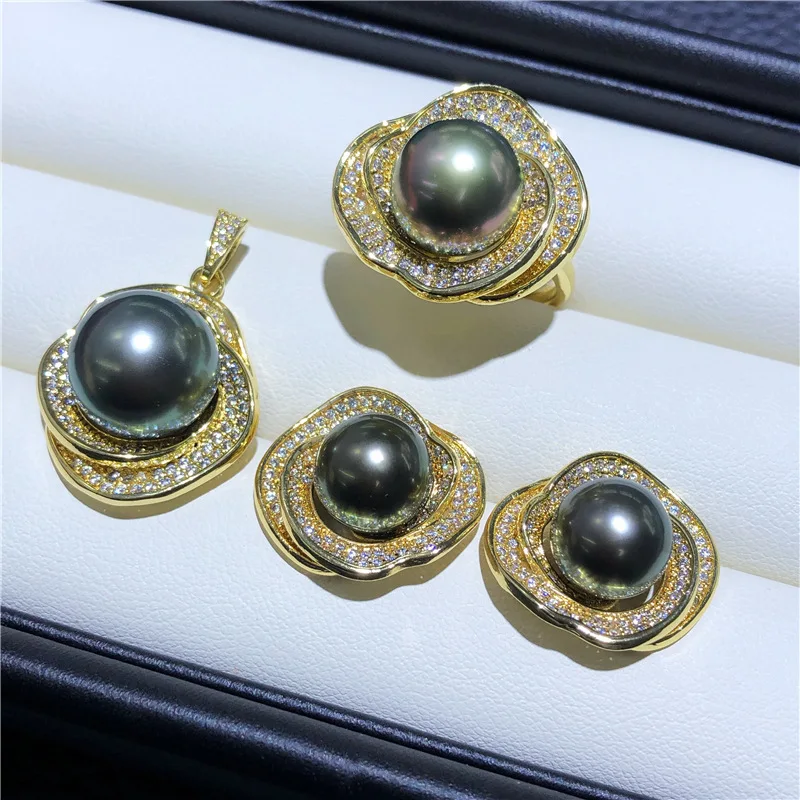 PERFECT AAAA++++ 10-9mm SOUTH SEA black PEARL 18K gold wrapped bow style pendant ring earring set