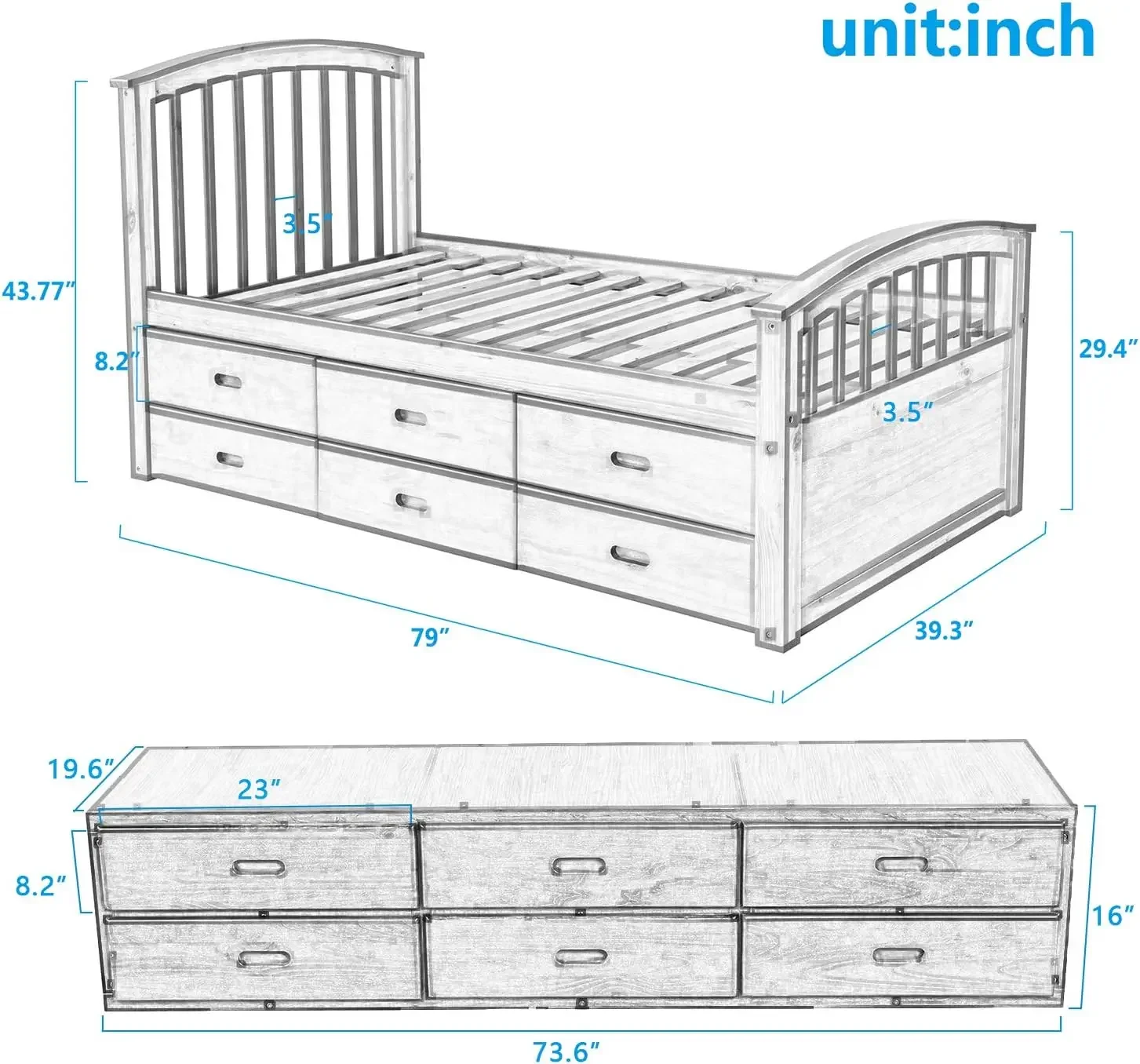 Twin-Size-Plattformbett mit Stauraum, Massivholzbett mit 6 Schubladen