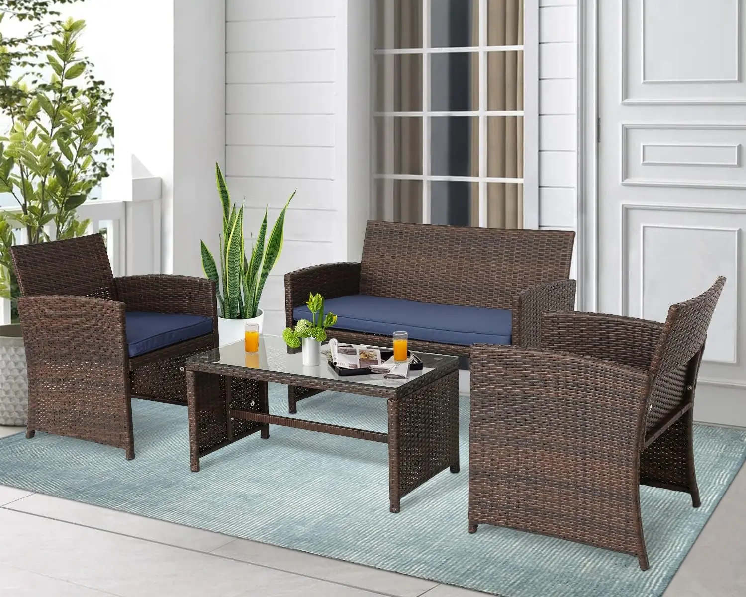 Outdoor PE Wicker Ratten Cadeiras Set, Conversa Set, Varanda Móveis com Almofada e Mesa para Quintal, Jardim, 4Pcs