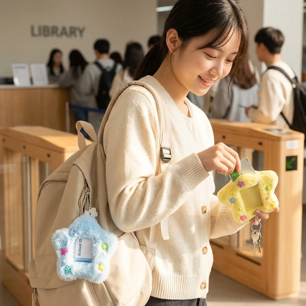 Short Plush Card Holder for Backpack Students Cute Star Shape Keychain Soft ID Badge Case Kpop Cards Display