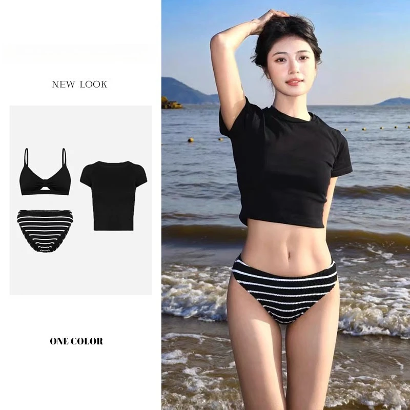

Summer New Sexy Striped Bikini 3piece Set Spice Girls Pure Desire Wind Exposed Navel European and American Wind Seaside Vacation