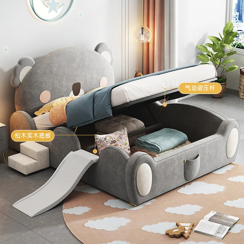 Children\'s furniture velvet bear boy and girl bed 1.5 meters with slide lovely cartoon guardrail bed