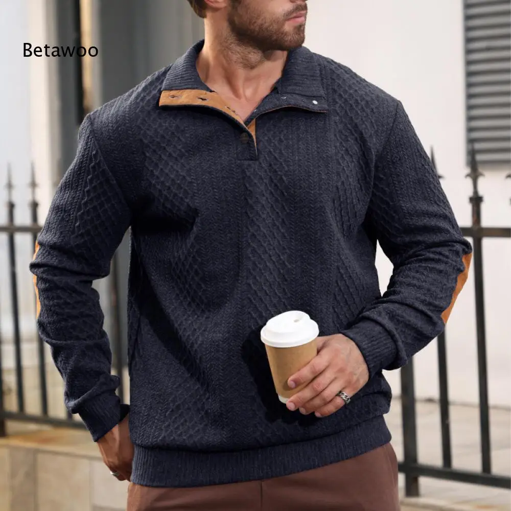 Mens Twisted Textured Knit Polo Sweater Long Sleeve Contrast Elbow Patch Design Pullover For Casual Commute And Social Gathering