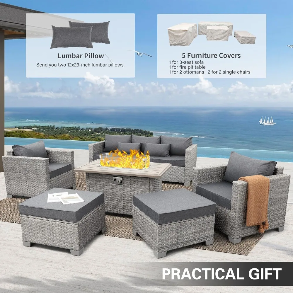 6 ชิ้นหวายกลางแจ้งเฟอร์นิเจอร์ Patio โซฟาโซฟา PE หวายการสนทนาชุด Fire Pit ตาราง