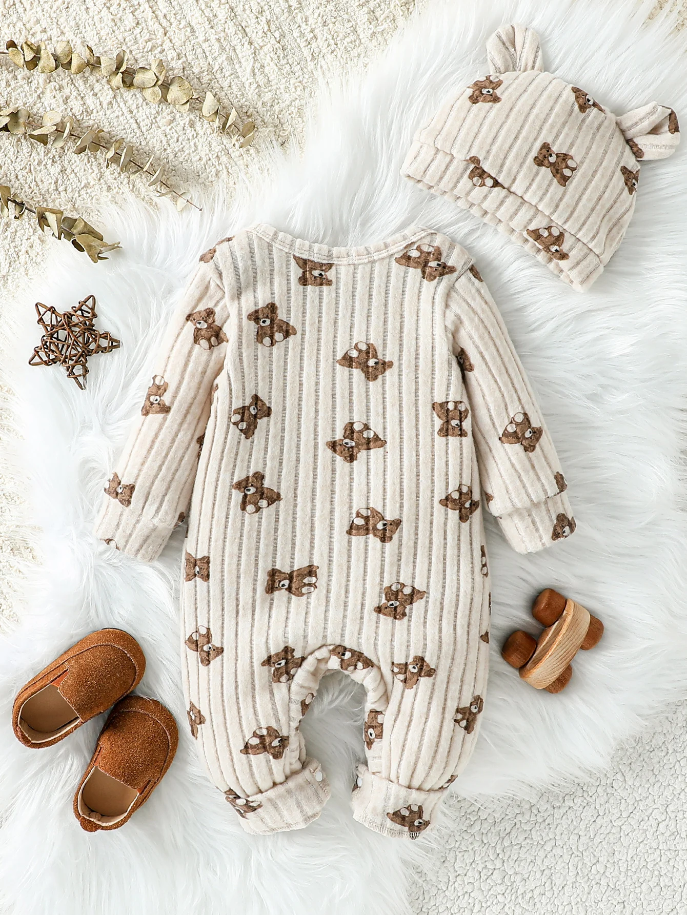Newborn Fall Unisex Baby Girls Boys Rompers Infant Clothes Bear Print Crew Neck Long Sleeve Toddler  Jumpsuits with Hat 1-24M