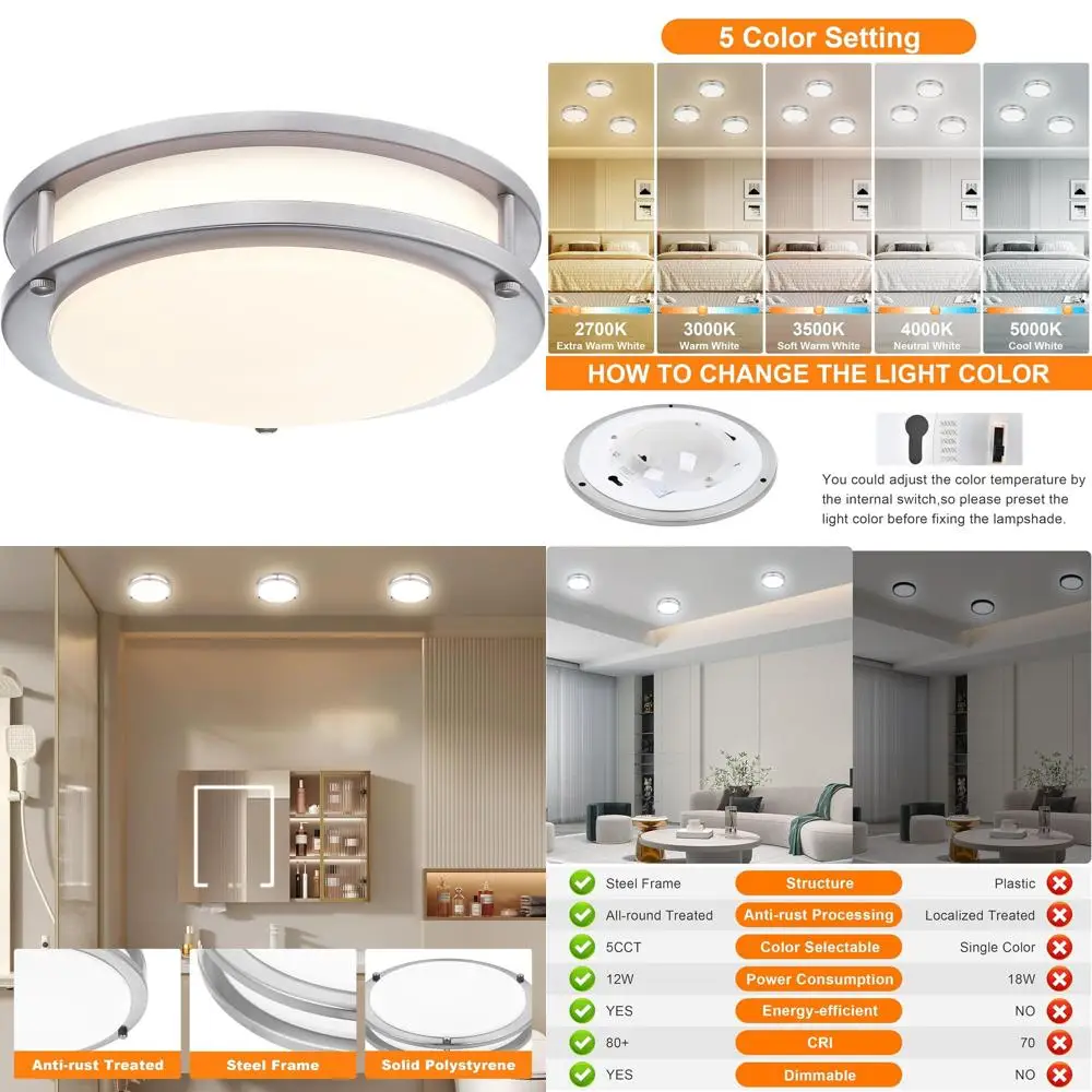 

Комплект потолочных светильников LED 7.5 Round Brushed Nickel, 12 Вт, регулируемая отоплительная/охлаждающая белая подсветка для ванной или спальни