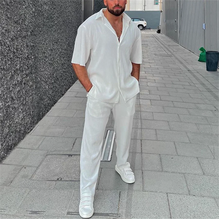 White Men Pants Set Lapel Button-up Short Sleeve Shirt + Long Pants Casual Beach Outfits Men\'s Clothing New Two Piece Tracksuit