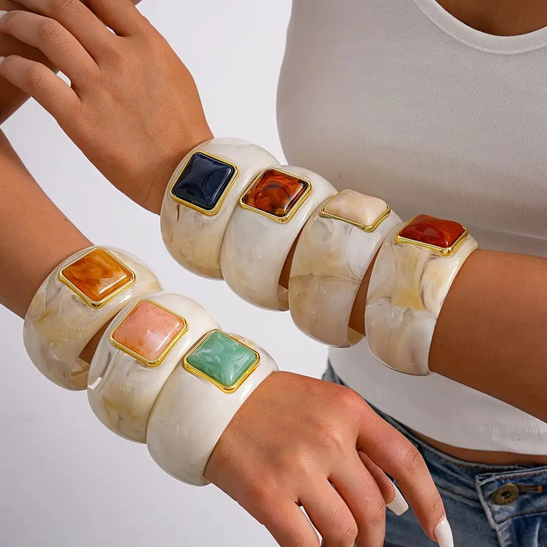 DIEZI Hip Hop Irregular Beige Resin Acrylic Gem Stone Bangles Ethnic Geometric Wide Cuff Bangles For Women Men Bracelet Jewelry