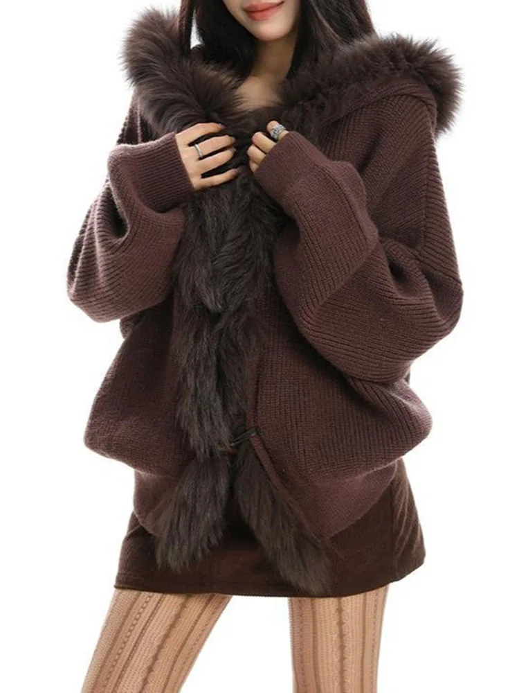 A New Autumn And Winter Women's Loose Knitted Top With A Large Fur Collar And A Hooded Sweater Featuring A Laid-back Style