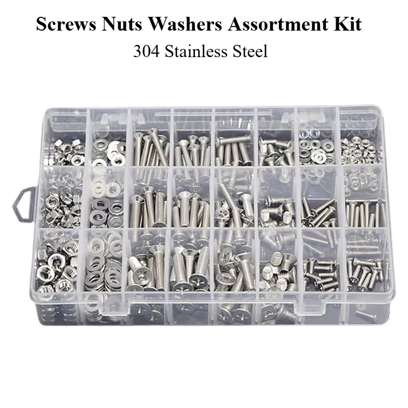 

304 Stainless Steel Pan Head & Countersunk &Big Flat Head Machine Screw Set, M3M4M5M6 Screws Nuts Washers Assortment Kit