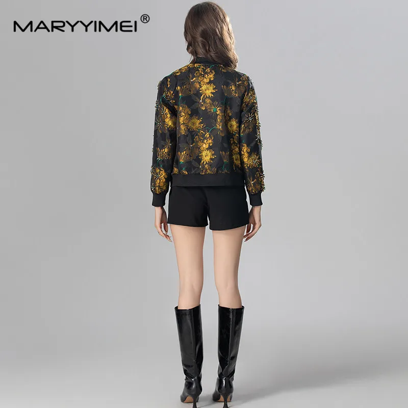 MARYYIMEI Autumn and Winter Women's Coat Black Stand Collar Long Sleeve Beading Yellow Print Jacquard Fashion Overcoat