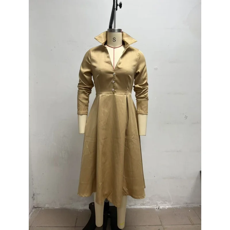 Elegantes Damen-Midikleid mit Hemdkragen, langen Ärmeln, V-Ausschnitt, Knopfleiste vorne, A-Linien-Schnitt, ausgestellter Rock und Taschen – ideal für Büro, Party oder formelle Anlässe. – Detail 9