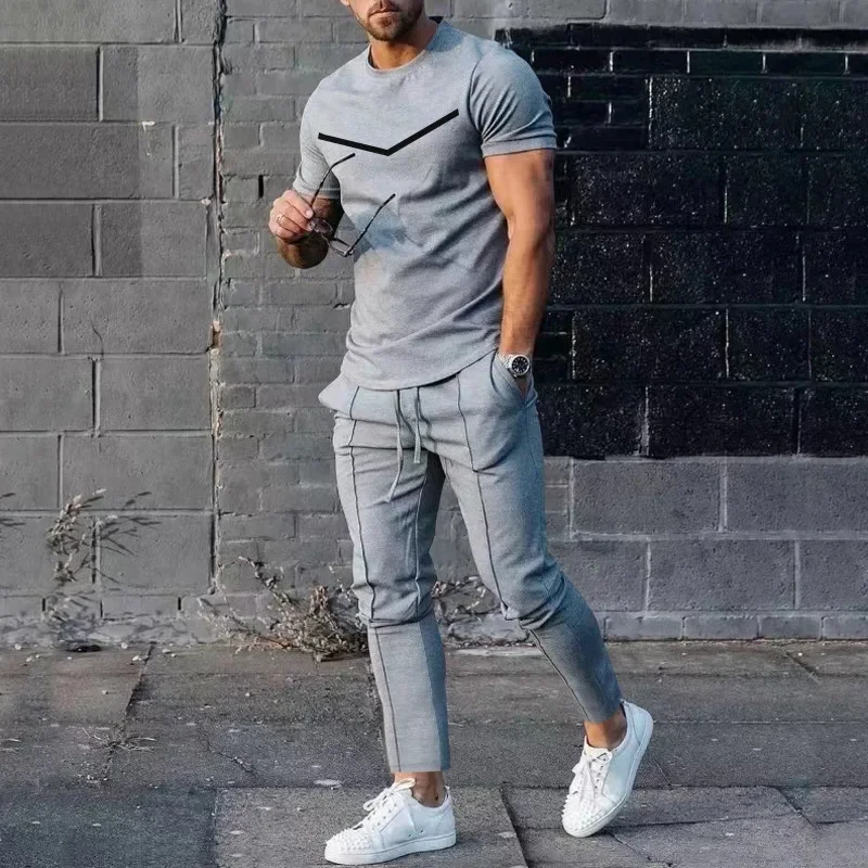 Men Fashion 2-piece Set Summer Outdoor O-Neck Print Short Sleeves T-shirt Casual Elastic Waist Trousers Street Corner Party Wear